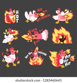 Hot spicy chicken set, rooster on fire, creative logo design templates vector Illustration