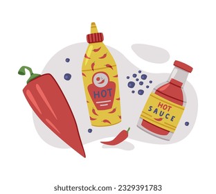 Hot and Spicy Chili Sauce in Bottle Vector Composition