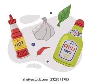 Hot and Spicy Chili Sauce in Bottle Vector Composition