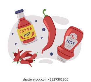 Hot and Spicy Chili Sauce in Bottle Vector Composition