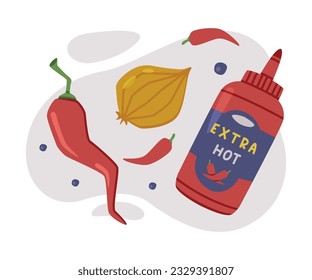 Hot and Spicy Chili Sauce in Bottle Vector Composition