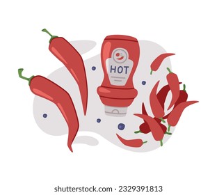 Hot and Spicy Chili Sauce in Bottle Vector Composition