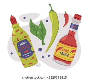 Hot and Spicy Chili Sauce in Bottle Vector Composition