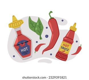 Hot and Spicy Chili Sauce in Bottle Vector Composition