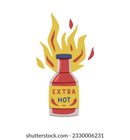 Hot and Spicy Chili Sauce in Glass Bottle with Label and Cap in Fire Flame Vector Illustration