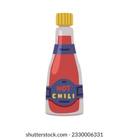 Hot and Spicy Chili Sauce in Glass Bottle with Label and Cap Vector Illustration