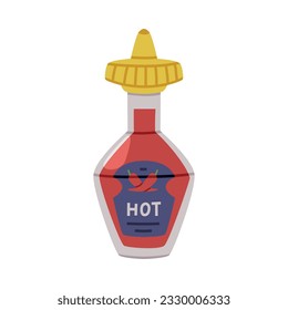 Hot and Spicy Chili Sauce in Glass Bottle with Label and Cap Vector Illustration