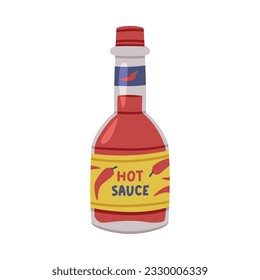 Hot and Spicy Chili Sauce in Glass Bottle with Label and Cap Vector Illustration