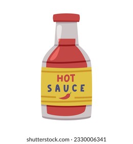 Hot and Spicy Chili Sauce in Glass Bottle with Label and Cap Vector Illustration