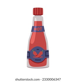 Hot and Spicy Chili Sauce in Glass Bottle with Label and Cap Vector Illustration