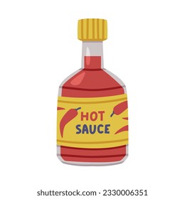 Hot and Spicy Chili Sauce in Glass Bottle with Label and Cap Vector Illustration