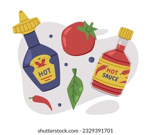 Hot and Spicy Chili Sauce in Plastic Bottle with Tomato Vector Composition