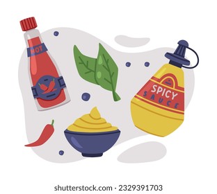 Hot and Spicy Chili Sauce in Plastic Bottle Vector Composition