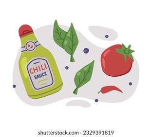 Hot and Spicy Chili Sauce with Tomato in Bottle Vector Composition