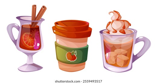 Hot spicy drinks set isolated on white background. Vector cartoon illustration of glass, paper cups with orange and cinnamon tea, mulled wine, pumpkin coffee, cocoa with whipped cream and marshmallow