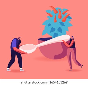 Hot Spicy Food Concept. Man and Woman Carry Huge Spoon near Chilli Pepper Potted Plant. Family Cooking Process, Tiny Male and Female Character Prepare Festive Dish. Cartoon Flat Vector Illustration