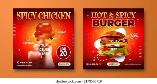 Hot And Spicy Food Instagram Posts Template. Food Social Media Background. Red Background For Banner Advertising