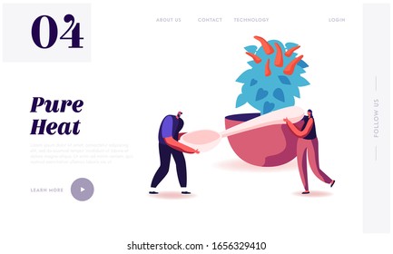 Hot Spicy Food Website Landing Page. Man and Woman Carry Huge Spoon near Chilli Pepper Potted Plant. Tiny People Cooking Festive Dish, Cook Process Web Page Banner. Cartoon Flat Vector Illustration