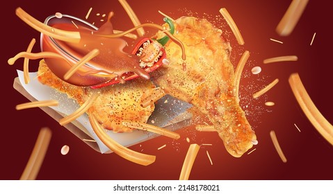 Hot and Spicy fried chicken flying with red chili powder splashing on solid color background. Vector realistic in 3D illustration. Food and Drink concepts.