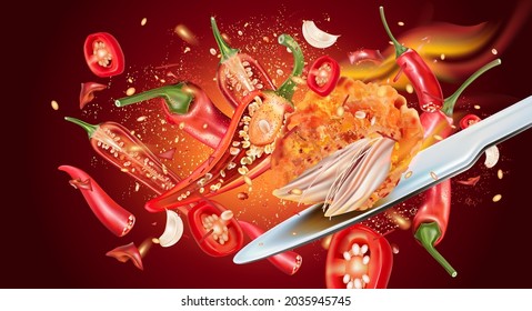 Hot and Spicy fried chicken with red chili splashing on solid color background, Vector realistic in 3D illustration.