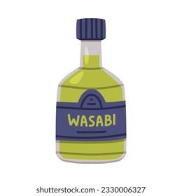 Hot and Spicy Green Wasabi Sauce in Glass Labeled Bottle with Cap Vector Illustration