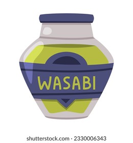 Hot and Spicy Green Wasabi Sauce in Glass Labeled Bottle with Cap Vector Illustration