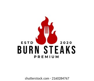 Hot Spicy Grill Cuisine Food Restaurant Logo With Burn Flame Fire Fork