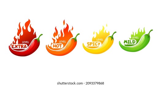 Hot spicy level of chili, cayenne or jalapeno pepper vector icons with fire flames of red, green, orange and yellow colors. Spicy food emblems extra, spicy, hot and mild strength isolated set