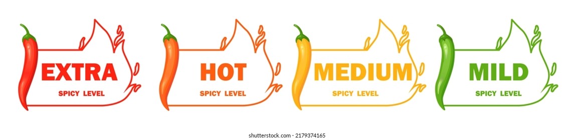 Hot spicy level with flame pepper. Infographic design template with red hot chili pepper on white background. Vector illustration.