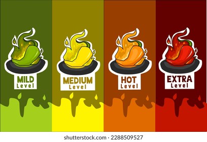 Hot spicy level label, chili cayenne pepper with flame. Spicy food or sauce flavor scale indicators, green, red, yellow, and orange, rating marks for hotness, extra, and level stickers