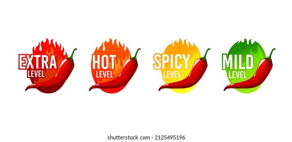 Hot spicy level labels with chili pepper mild, medium and extra hot spicy food taste, vector scale. Hot spicy level labels with burning flame and chili pepper, jalapeno or Tabasco sauce