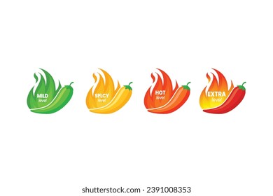 Hot spicy level labels with chili pepper and flame
