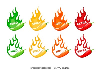 Hot spicy level labels, fire flames and red peppers symbols of mild, medium and extra hot, vector scale. Spicy food taste level icons with burning flame of chili pepper, jalapeno or Tabasco sauce