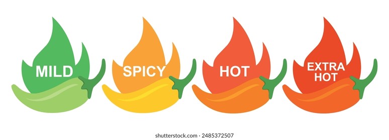 Hot spicy level labels of jalapeno, chili, cayenne peppers with fire flames. Spicy food or sauce taste scale indicators, green, red, yellow and orange rating signs for hot, extra hot and mild taste.