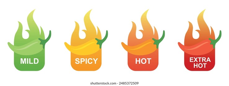 Hot spicy level labels of jalapeno, chili, cayenne peppers with fire flames. Spicy food or sauce taste scale indicators, green, red, yellow and orange rating signs for hot, extra hot and mild taste.