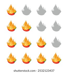 Hot spicy level labels of jalapeno, chili, cayenne peppers with fire flames. Spicy food or sauce taste scale indicators. Vector illustration