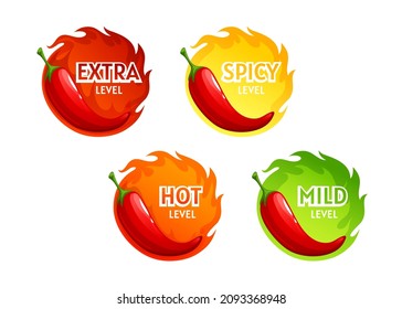 Hot spicy level labels of pepper chili in food, vector icons of mild, medium and extra hot spicy taste scale. Mexican cuisine menu labels with chili pepper salsa or jalapeno and Tabasco ketchup sauce