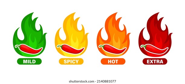 Hot spicy level labels. Pepper chili, cayenne or jalapeno vector labels with fire flames of red, green, orange and yellow colors. Extra, spicy, hot and mild strength savory food isolated icons