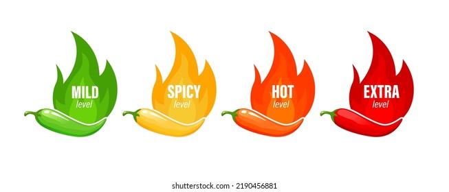 Hot spicy level labels. Hot sauce or food spicy meter vector icons, tabasco or ketchup sauce taste rating. Capsaicin level from mild to extra indicator with chili, lalapeno pepper and fire flames