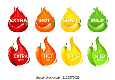 Etiquetas de nivel picante, iconos vectoriales, emblemas de la escala salada de alimentos. Pimienta de chile, cayena o jalapeno con llamas de fuego rojas, amarillas, naranjas y verdes. Grasa extra, picante, caliente y suave de la salsa o de la merienda