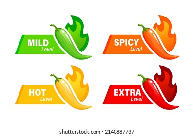 Etiquetas picantes de nivel picante de alimento o salsa vectorial con indicadores de la escala de sabor suave, extra, picante y caliente. Pimienta de chile aislada, jalapeno, cayenne y habanero con fuego rojo, naranja, verde, amarillo