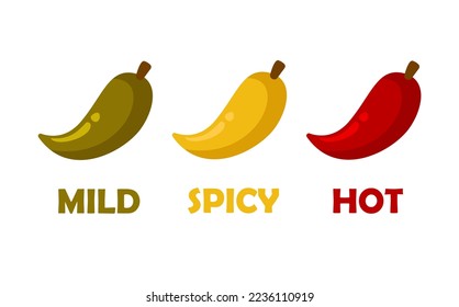 Hot spicy level labels of vector jalapeno, chili, cayenne peppers. Spicy food or sauce taste scale indicators, green, red, yellow rating signs for hot, spice and mild taste