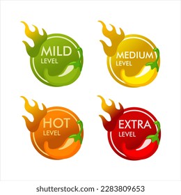 hot spicy level labels of vector jalapeno, chili, cayenne peppers with fire flames. spicy food or sauce taste scale indicators, green, red, yellow and orange rating signs for hot, extra and mild taste