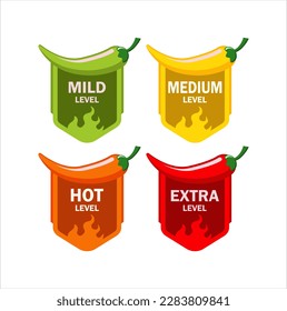 hot spicy level labels of vector jalapeno, chili, cayenne peppers with fire flames. spicy food or sauce taste scale indicators, green, red, yellow and orange rating signs for hot, extra and mild taste