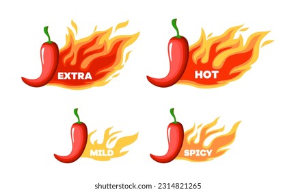 Etiquetas de nivel picante caliente, íconos vectores chile, cayenne o jalapeno con llamas de fuego rojas, amarillas, naranjas y verdes. Resistencia extra, picante, caliente y suave de la salsa o de la merienda, emblemas de la escala de alimentos salados