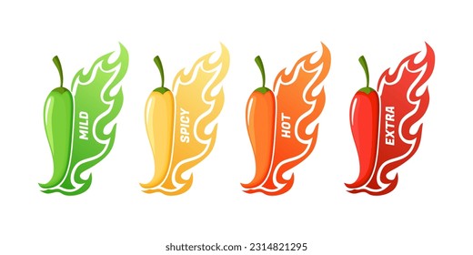 Hot spicy level labels, vector icons chili pepper, cayenne or jalapeno with red, yellow, orange and green fire flames. Extra, spicy, hot and mild strength of sauce or snack, savory food scale emblems