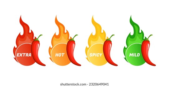 Hot spicy level labels, vector icons chili pepper, cayenne or jalapeno with red, yellow, orange and green fire flames. Extra, spicy, hot and mild strength of sauce or snack, savory food scale emblems