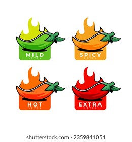 Etiquetas de nivel picante de vectores jalapeno, chili, cayenne con llamas de fuego. Indicadores de escala de sabor de comida o salsa picante, signos de clasificación de color verde, rojo, amarillo y naranja para gusto caliente, extra y suave