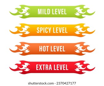 Hot spicy level labels of vector jalapeno, chili, cayenne peppers with fire flames. Spicy food or sauce taste scale indicators, green, red, yellow and orange rating signs. Vector illustration