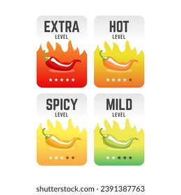 Hot spicy level labels of vector chili. Spicy food or sauce taste scale indicators, green, red, yellow and orange rating signs for hot, extra and mild taste